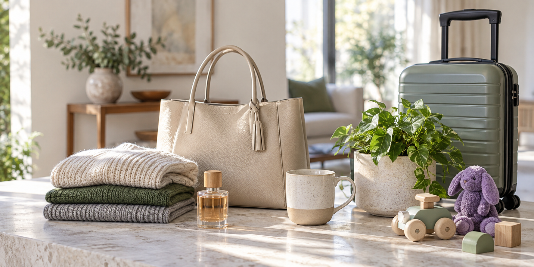 An assortment of fashion, fragrance, home, toys and travel pieces in a bright room